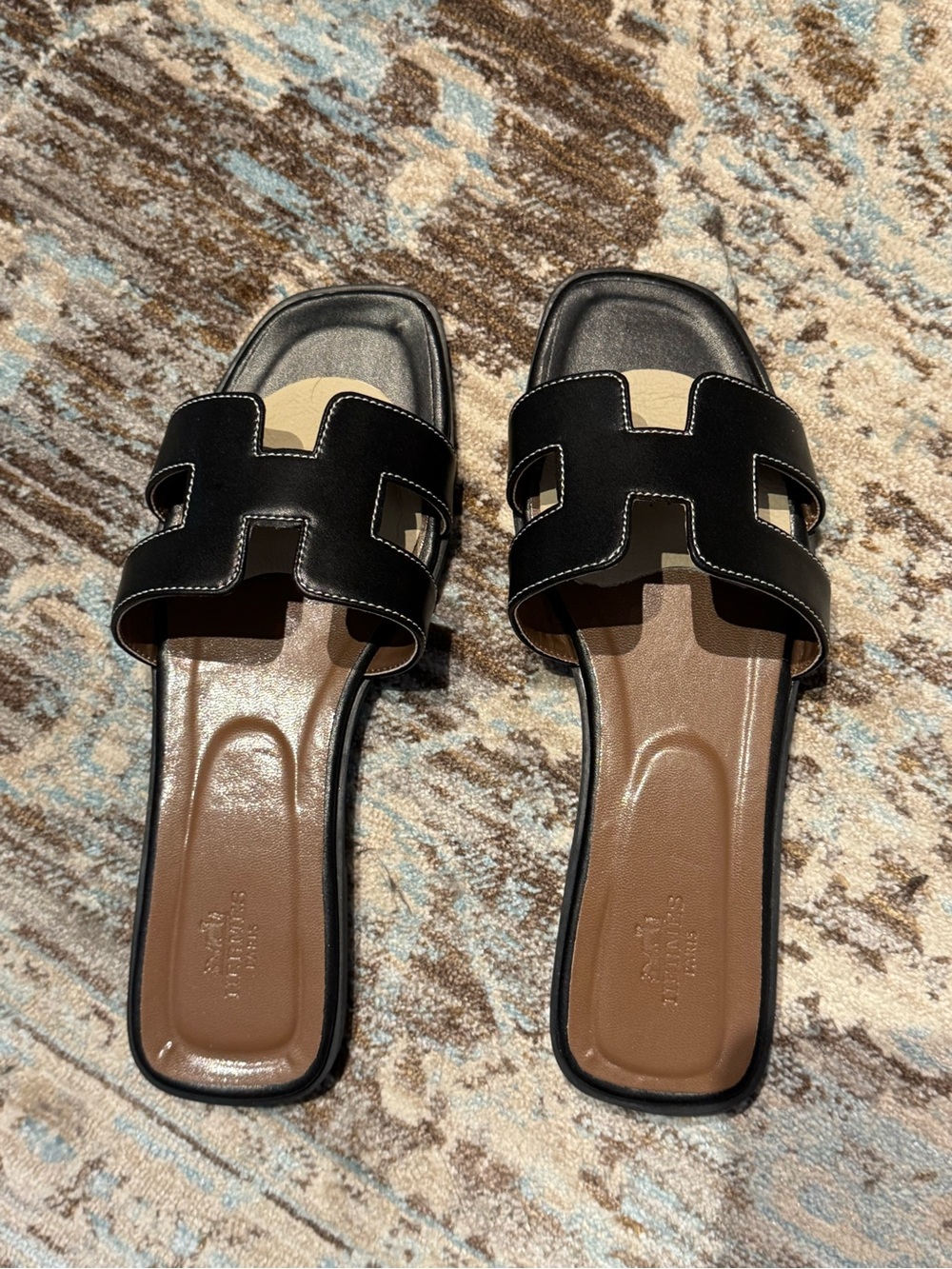 Black H Cut-Out Slide Sandals, Oran Style, Size 8